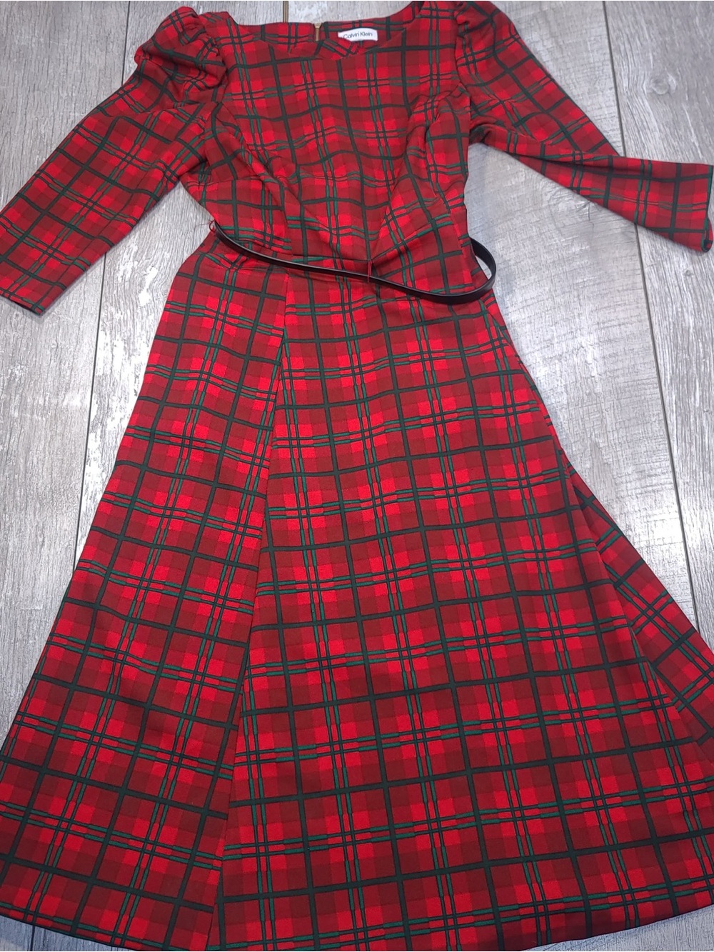 Calvin Klein women’s red green plaid crepe midi dress